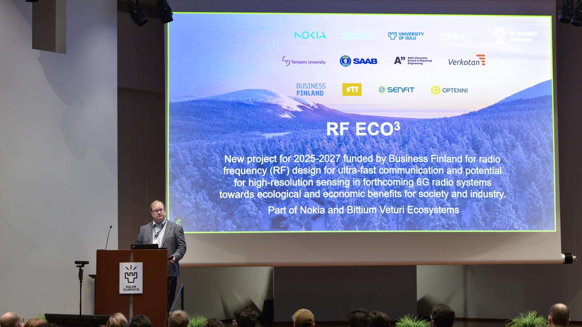 RF ECO3 project lead Professor Aarno Pärssinen on stage at the RF Summit Finland 2025.